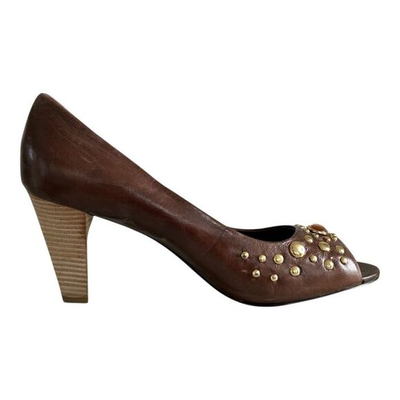 Franco Sarto Fanatic Heels Brown Studded Leather Peep Toe Stacked Heel Size 10M - Picture 3 of 14